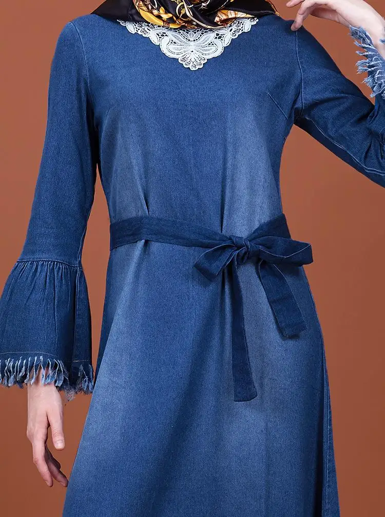 Мусульманский Для женщин кисточкой abaya Макси платье из джинсовой ткани с