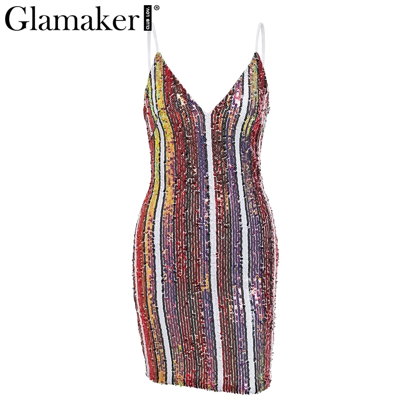 Glamaker, сексуальное короткое облегающее платье в полоску с блестками, женское летнее Мини-Платье С v-образным вырезом, элегантные женские модные вечерние клубные платья, vestidos - Цвет: Красный