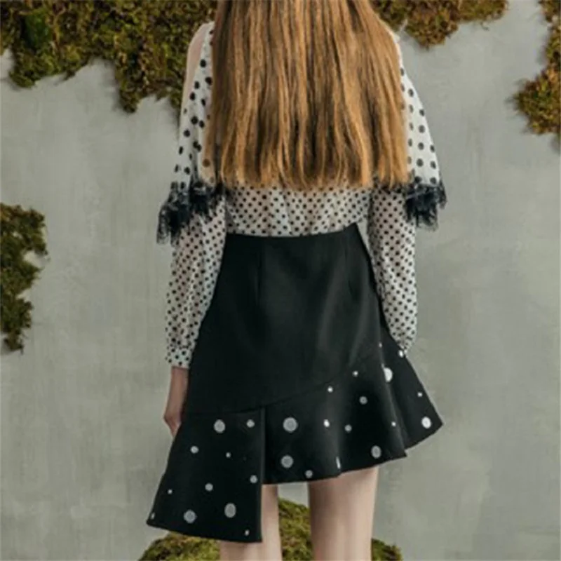 2019 Summer High Quality Dot Lace Patchwork Blouse Asymmetrical Mini Skirt Set Hollow Out Sexy Chic Shirt Party Clothes | Женская одежда