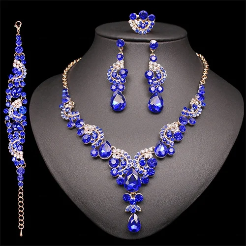 4 pcs suit dark blue Модный, индийский, свадебный набор серег ожерелье Дубай роскошный кристалл свадебные комплекты ювелирных изделий золотой цвет женский костюм Ювелирные изделия Подарки - Окраска металла: 4 pcs suit dark blue