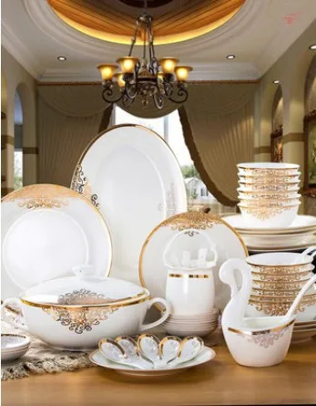 Европейский бытовой Bone фарфоровая посуда, комплект 56 Роскошные чаши и тарелки набор чаши и палочки для еды и тарелки - Цвет: Белый