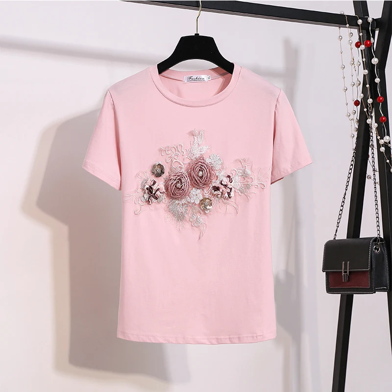 Женская Милая футболка с цветочной вышивкой круглый вырез короткий рукав