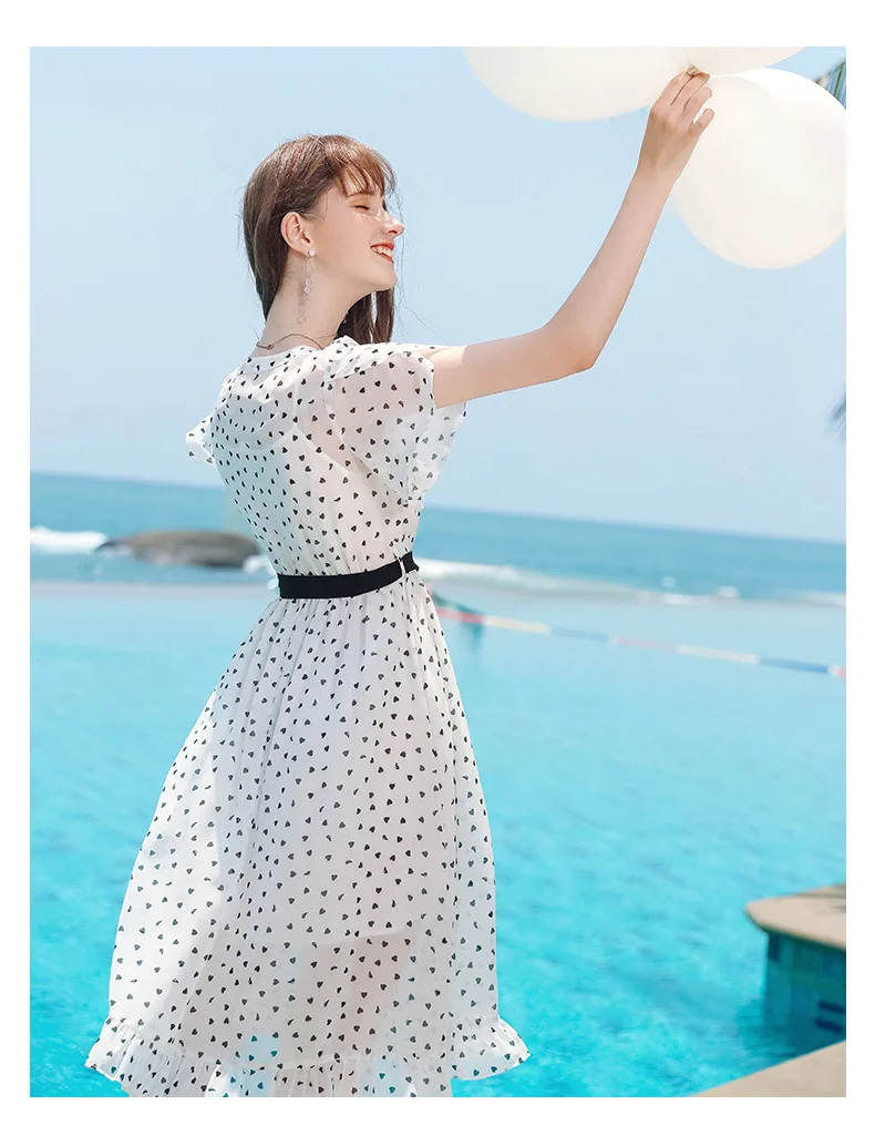 

Summer 2020 New Design Ladies Elegant Ruffles High Waist Printed Chiffon Dress Women Cute Short Sleeve Dresses