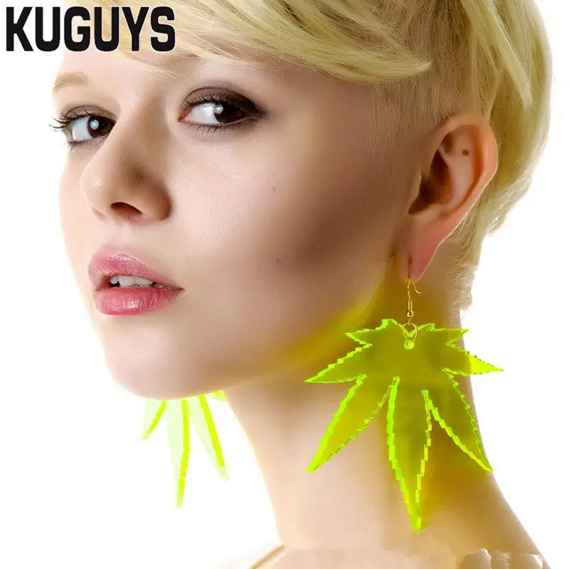 

KUGUYS Neon Pink Green Maple Leaf Earrings for Women Fashion Jewelry HipHop Large Drop Acrylic DJ DS Dancer Accessories