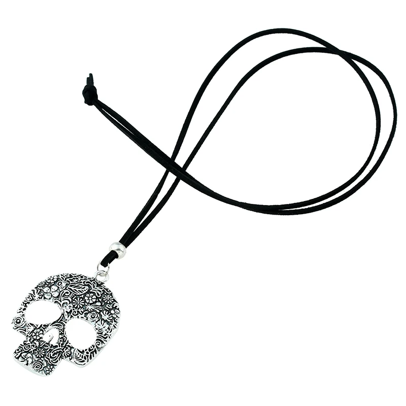 1PCS Lagenlook Large Abstract Alloy Flower Skull Pendant Long Suede Leather Necklace | Украшения и аксессуары