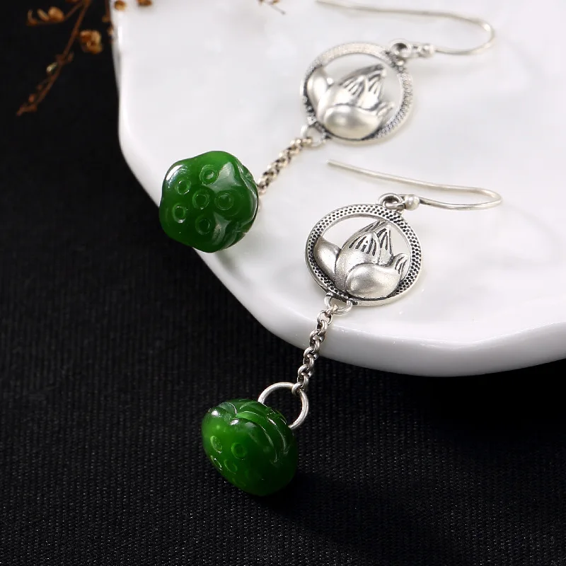 

2018 Hot Sale Direct Selling Jasper Brinco Deer S925 Pure Antique Inlaid And Field Jade Lotus Lady High-end Earrings Wholesale