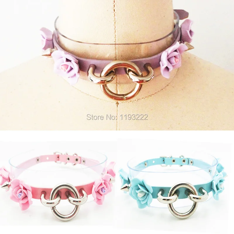 Лолита панк гот Ручной Работы Слоистых кожа винил Спайк Роза чокер Круглый шипы