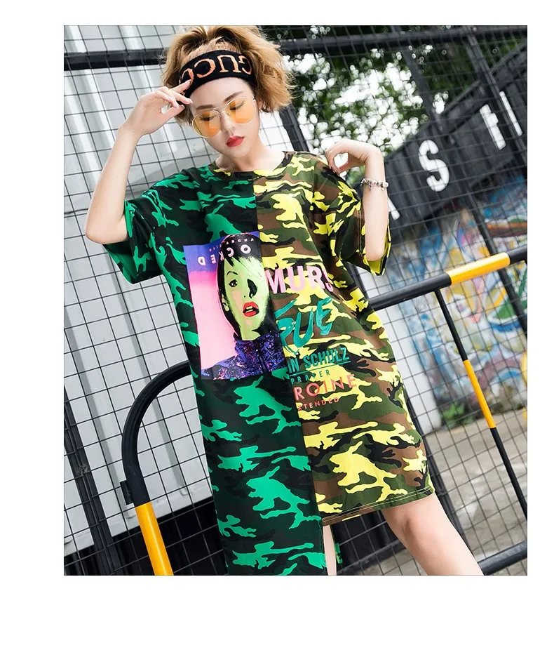 Женское платье-футболка в стиле пэчворк с камуфляжным принтом необычное