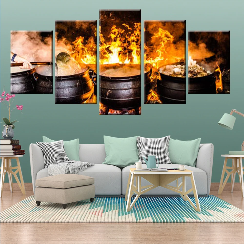 HD Print 5 Panel Canvas Painting Restaurant Kitchen Wall Art Fire Cooking Poster Home Decoration Mural | Дом и сад