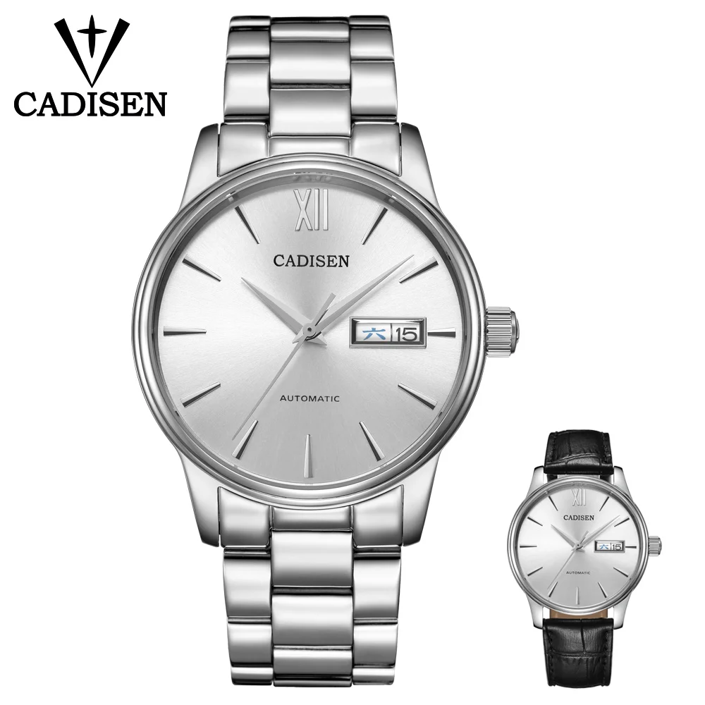 silvery CADISEN, мужские часы, набор, автоматические, механические, Подарочный ремень, NH36A, машина, ядро, дата, модный, люксовый бренд, 5 АТМ, водонепроницаемые часы - Цвет: silvery