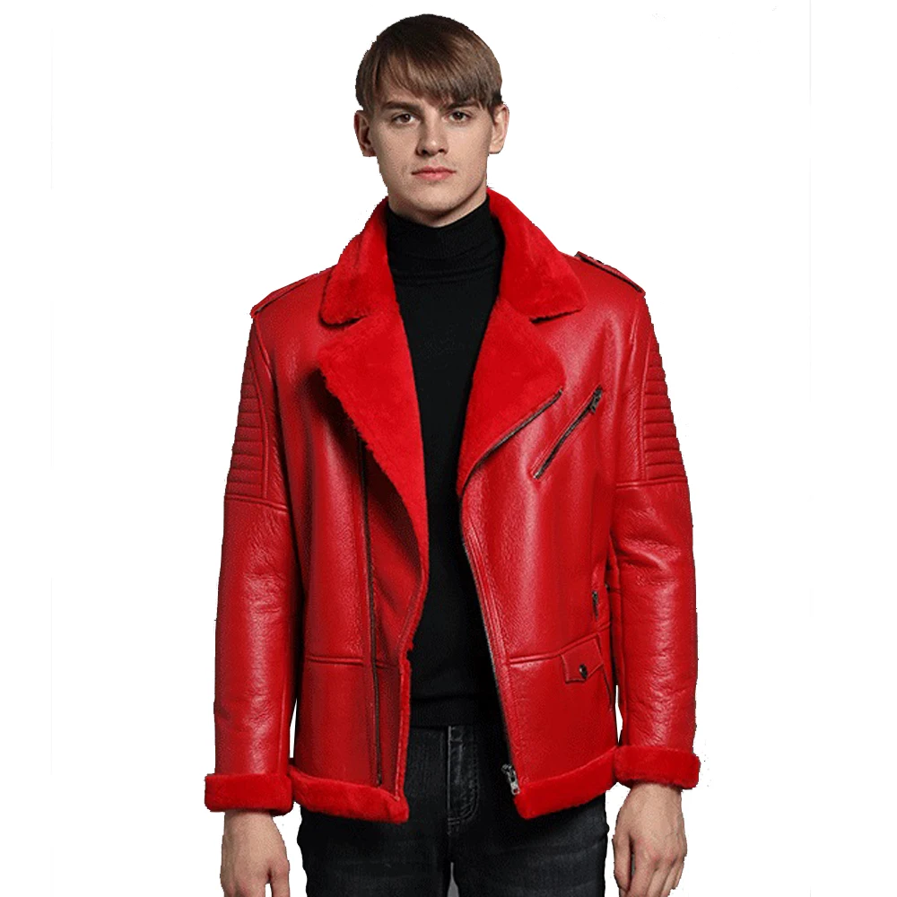Мужская теплая зимняя куртка из натуральной овечьей кожи красная верхняя одежда