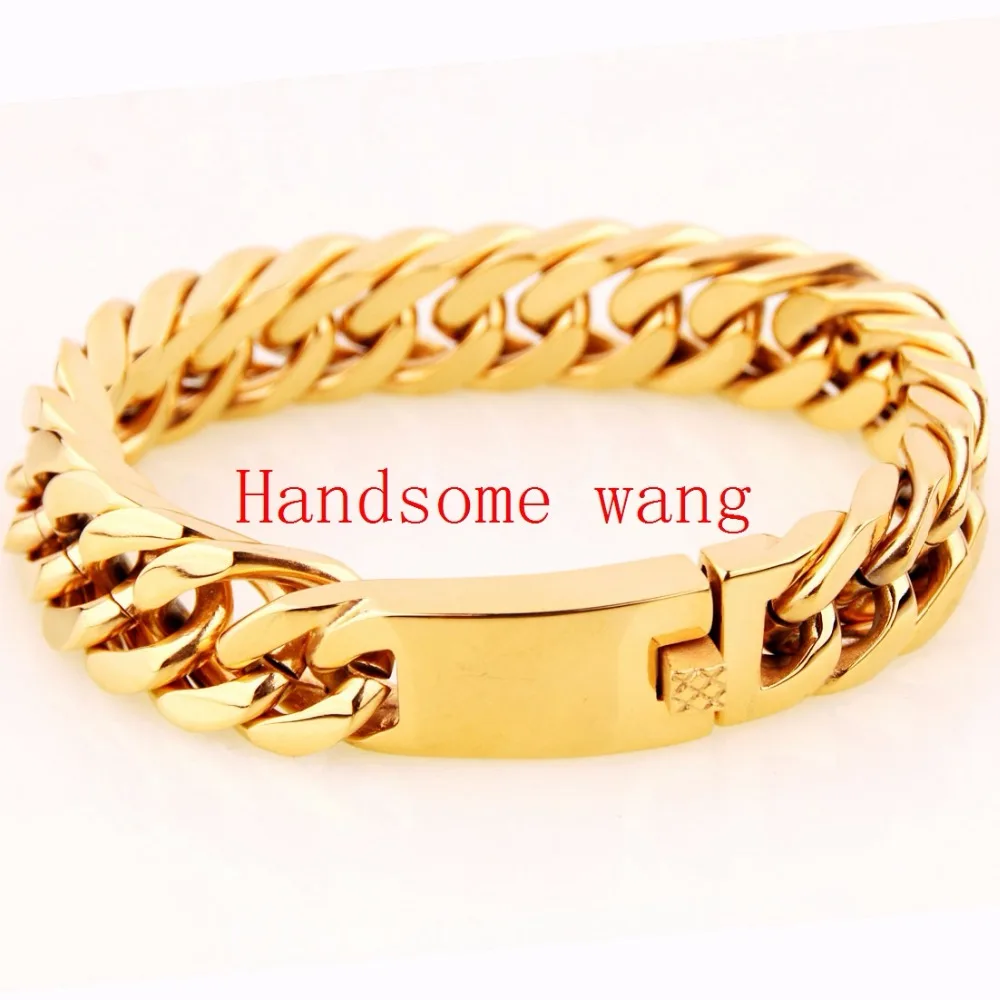

15/17mm High Quality Gold Color Cuban Link Chain Bracelet 316L Stainless Steel For Male Cuff Bangle Jewelry Huge Heavy 95/122g
