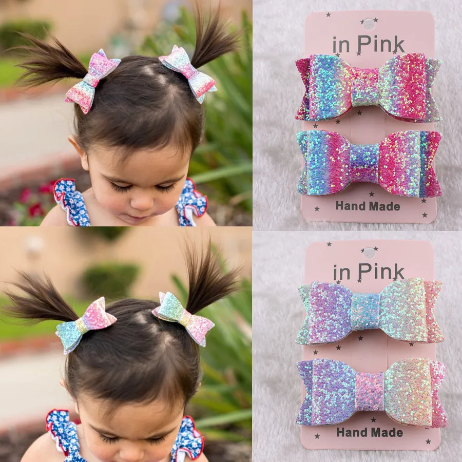 

2pcs Handmade Mini Sequins Litlle Girls Hair Bows Clips Shiny Glitter Cute Hairpins Daily School Barrettes Headwear Accessoires