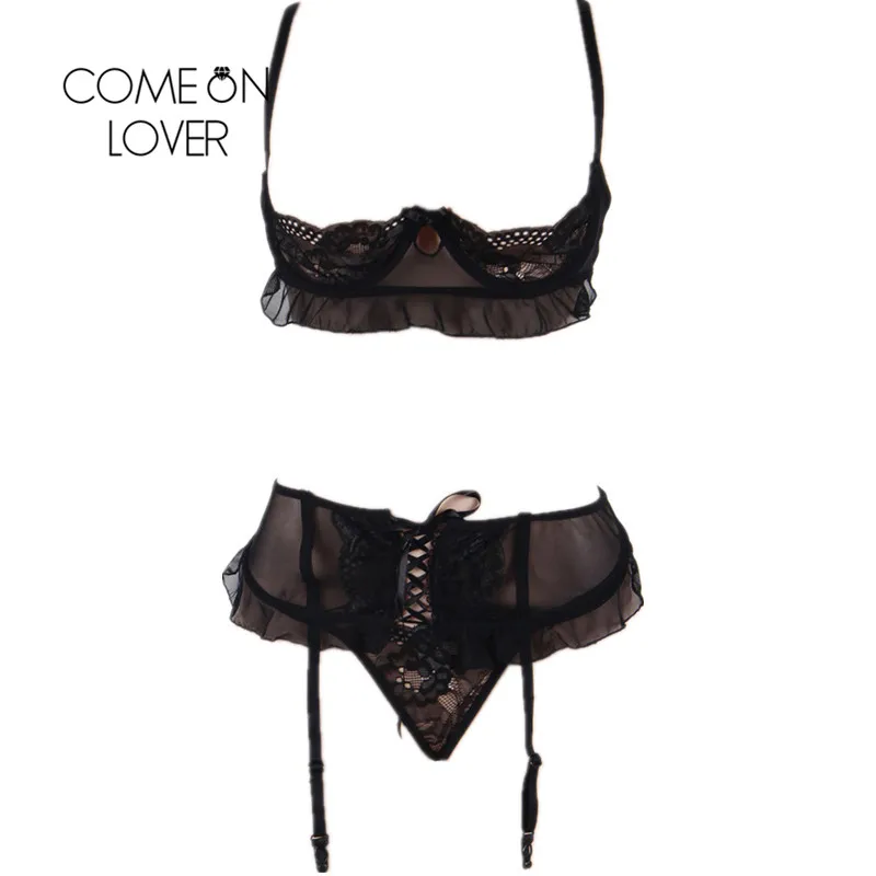 Comeonlover Lenceria Erotica jartier сексуальный комплект экзотическое ночное белье Черное кружево 3 шт. открытый промежность плюс сексуальный бюстгальтер открытая чашка RI80512