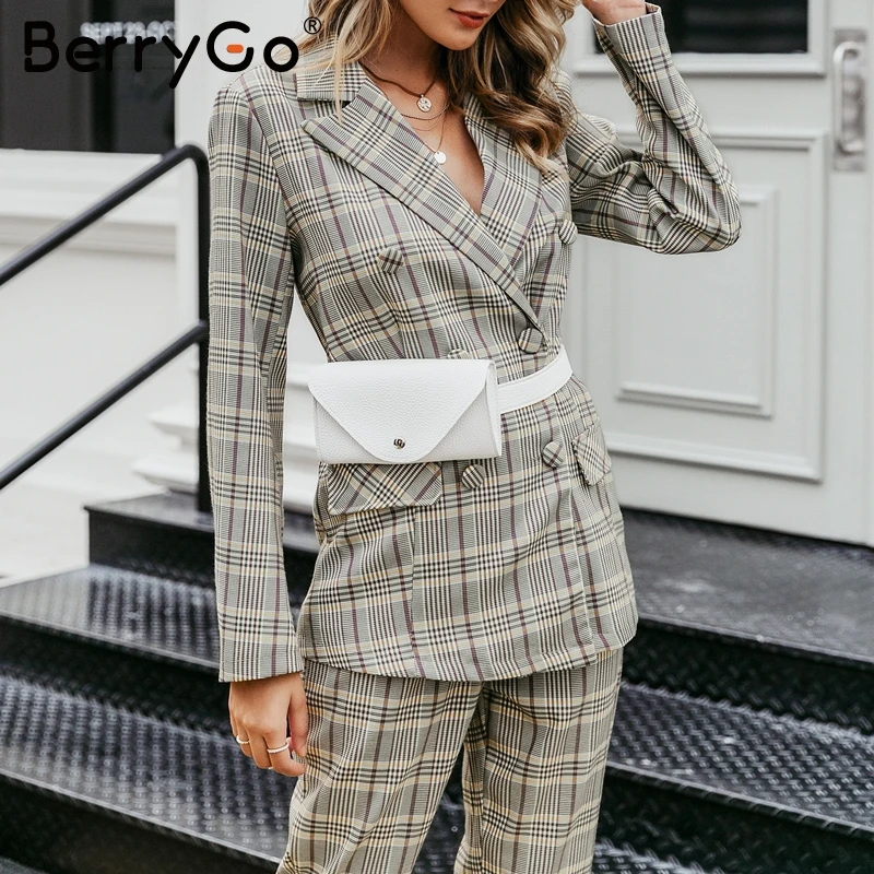 BerryGo элегантный офисный женский клетчатый Блейзер комплекты из двух предметов