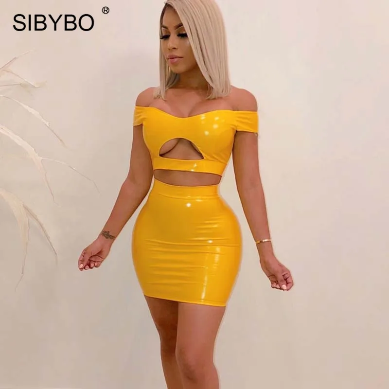 Yellow Sibybo, с открытыми плечами, из искусственной кожи, сексуальный комплект из двух частей, платье с выемкой, высокая талия, мини, летнее женское платье, на молнии, Клубные вечерние платья - Цвет: Yellow