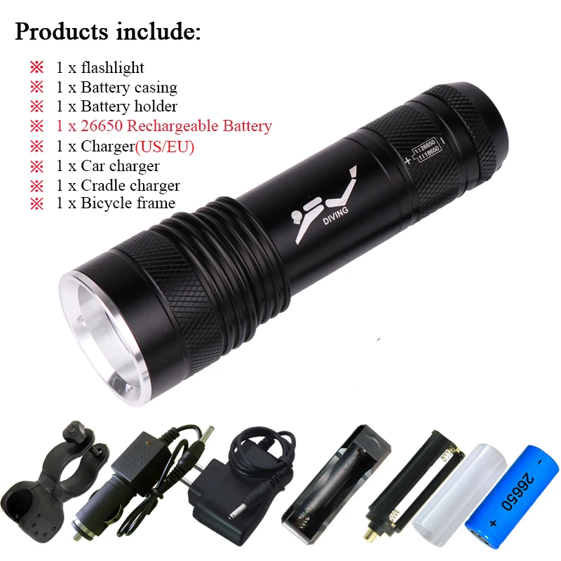 Dive Torch E1 Двойной фитиль Дайвинг фонарик xml t6 светодиодный налобный фонарь подводный светильник 18650 26650 батарея перезаряжаемый головной светильник УФ-лампы - Испускаемый цвет: Dive Torch E1
