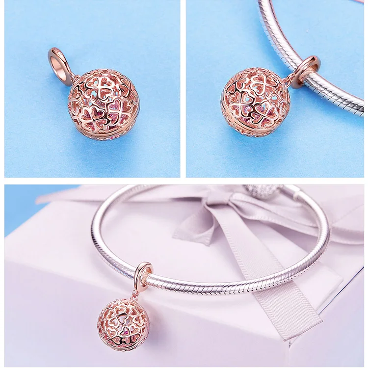 WOSTU 925 Sterling Silver Hollow Rose Gold Charms Round Bead Fit Original Bracelet Pendant For Women Luxury Jewelry DXC1127