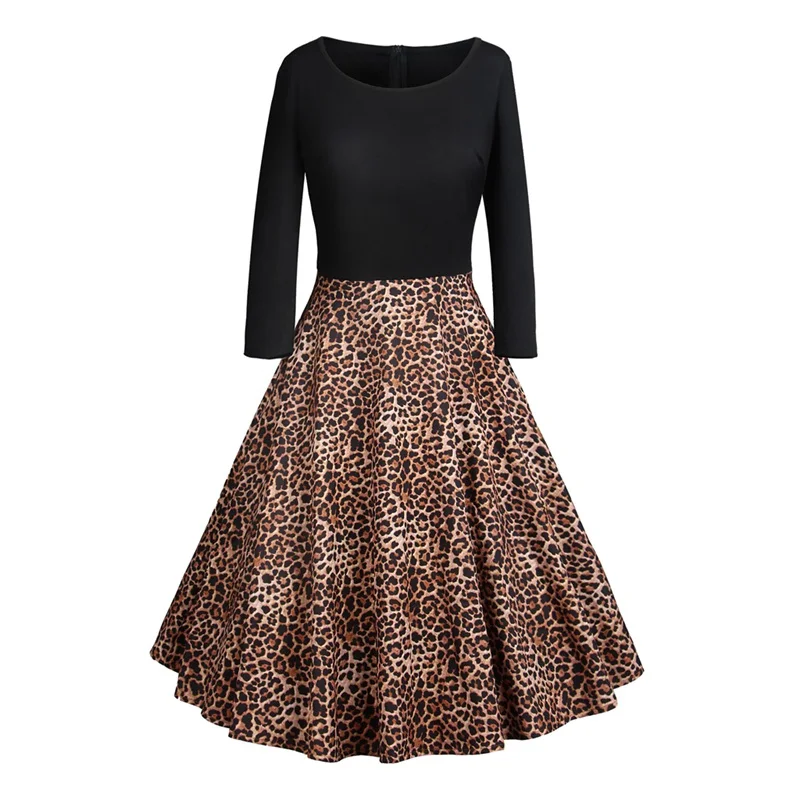 HeyGalSing Women Vintage Print Patchwork Dress 2018 Winter New Round Neck 3/4 Sleeve Swing Midi Elegant Party | Женская одежда