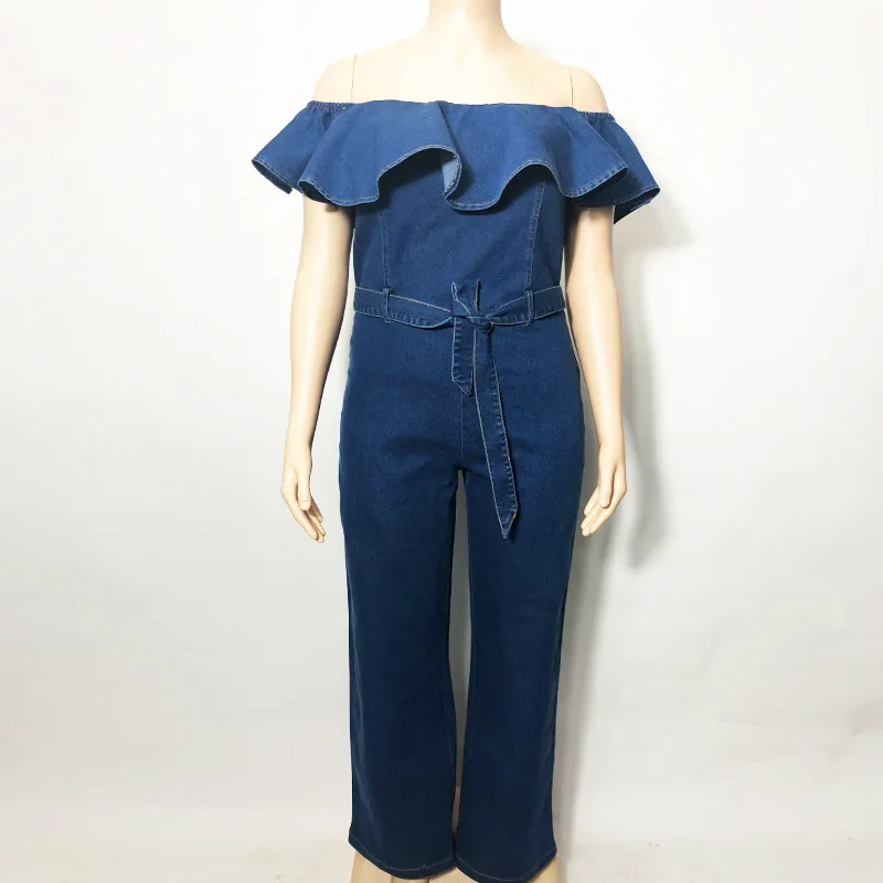 Женские джинсовые комбинезоны с открытыми плечами и оборками вырезом лодочкой