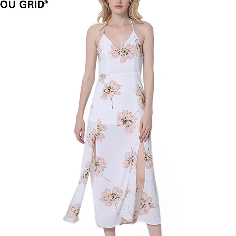 Для женщин разрез сбоку сексуальное платье Лето 2017 г. Цветочный принт v образным