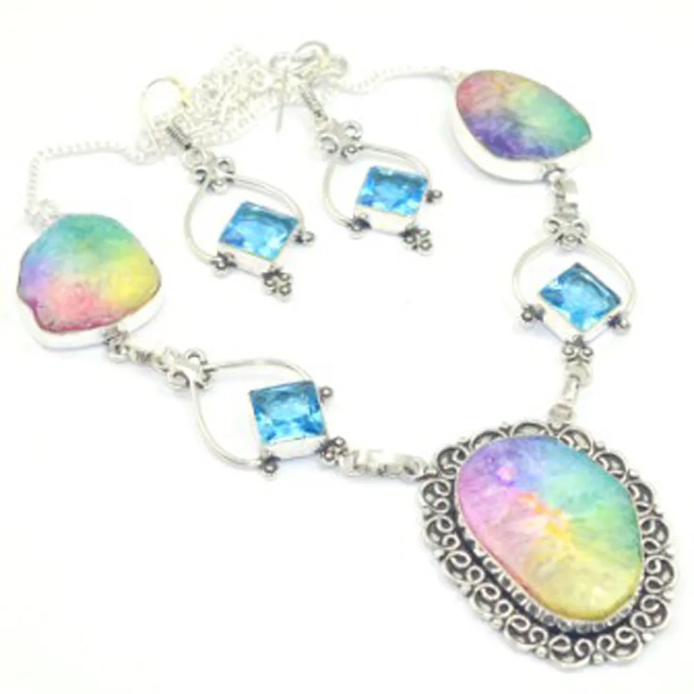 

Multicolor Solar Quarts & Blue Topas Necklace + Ering Silver Overlay over Copper , 53.3cm, N3668