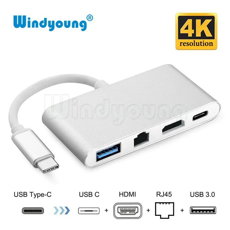 4 в 1 адаптер USB 3 Type C HDMI 4K + Gigabit Ethernet RJ45 0 мультипортовый конвертер разветвитель для