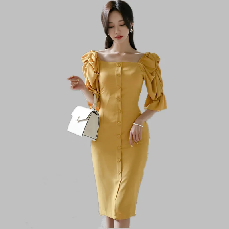 Женское однобортное платье-карандаш HAMALIEL желтое облегающее платье с пышными