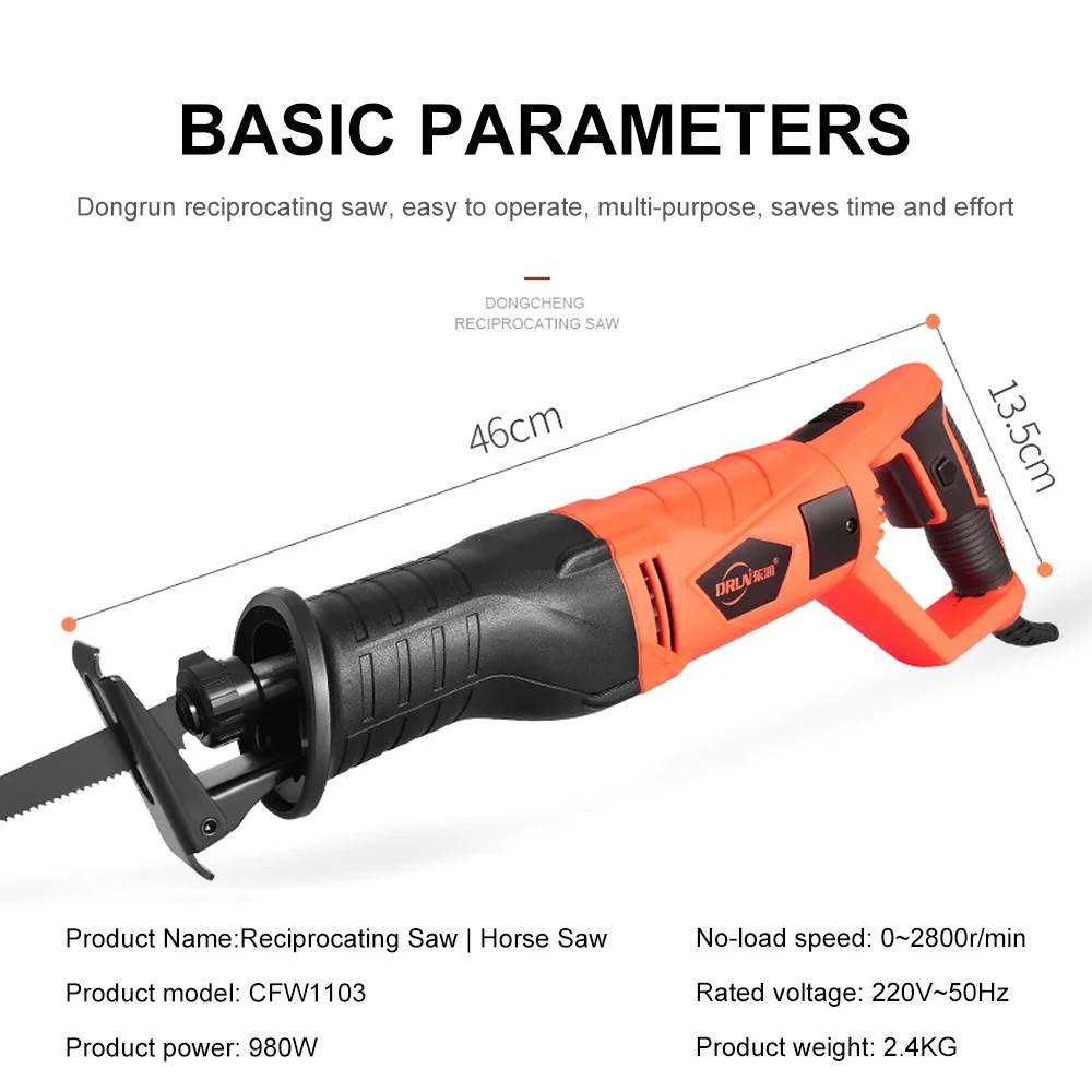 

Electric Reciprocating Saw Metal Cutting Wood Plastic Pipe 980W Cutting Power Saw Tool with 7PC Saw Blades Woodworking Cutter