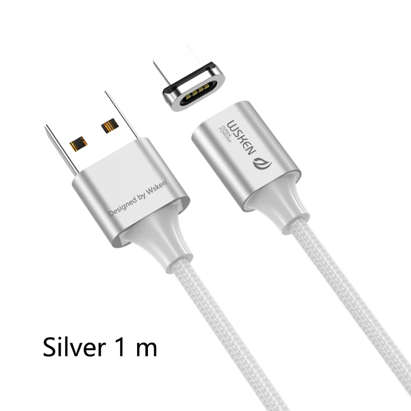 Silver 1m Магнитный кабель WSKEN X2 для iPhone, зарядное устройство, Магнитный зарядный кабель usb type C, 3 А, кабель Micro USB type C, кабель USB C, адаптер провода - Цвет: Silver 1m