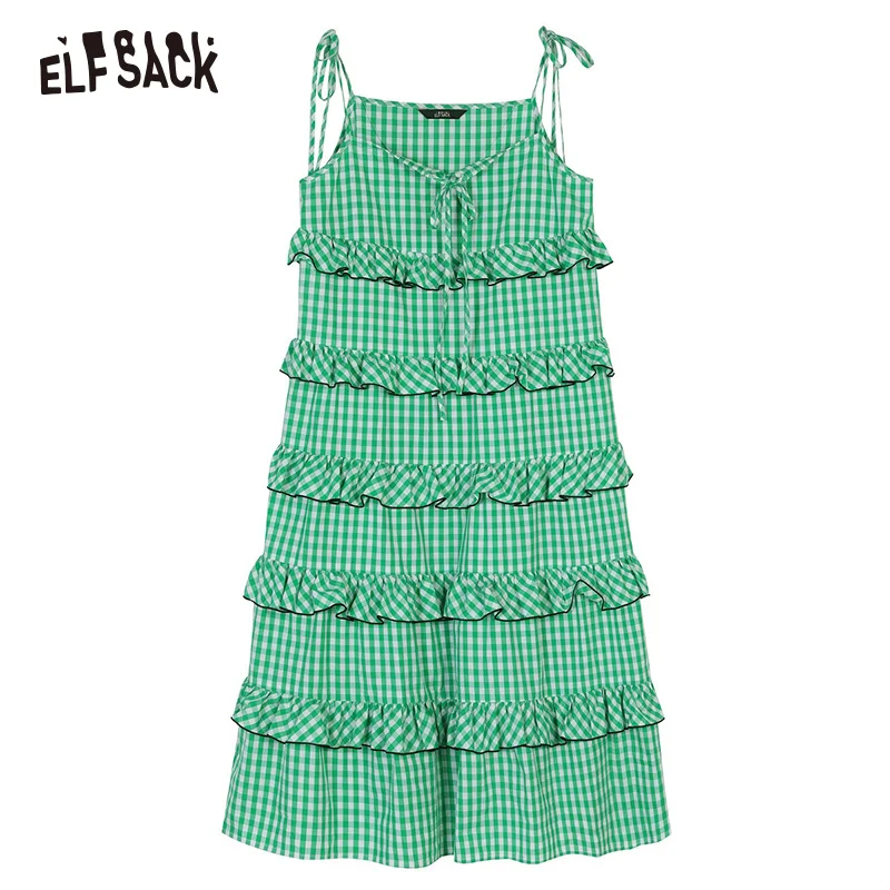 Женское клетчатое платье ELFSACK белое вечернее с v образным вырезом открытыми