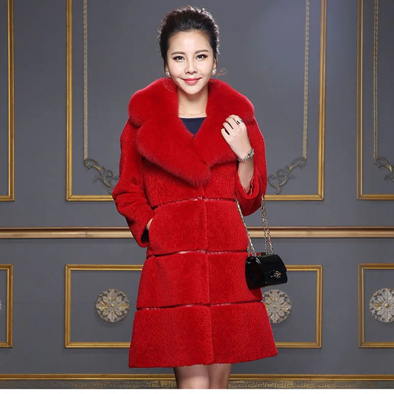 Модное тонкое пальто средней длины из искусственного лисьего меха с воротником