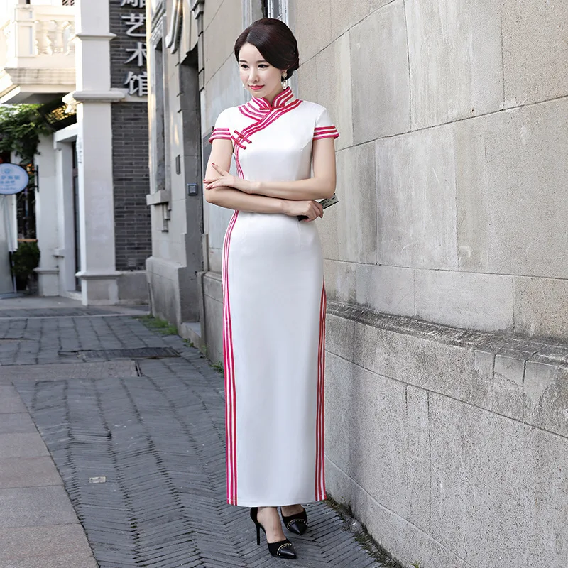 Черное винтажное платье Femme Slim Cheongsam Современные длинные платья Qi Pao женское традиционное китайское платье в восточном стиле халат Ципао - Цвет: white