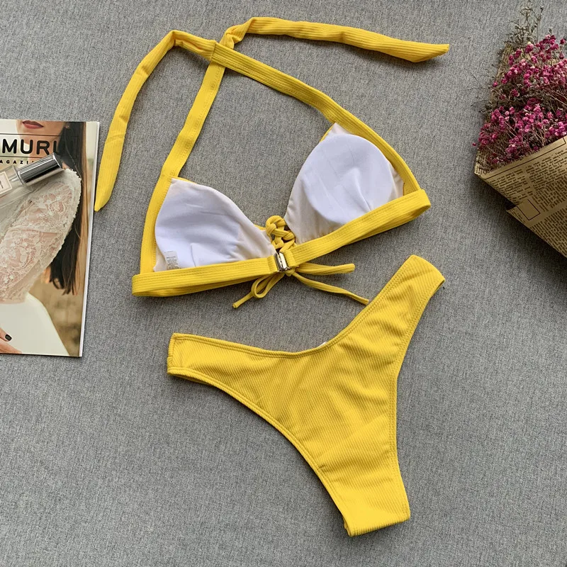 Bikinx бразильские микро-бикини в рубчик розовый сексуальный купальник женский купальный костюм Холтер пуш-ап женский купальник с высоким вырезом купальный костюм