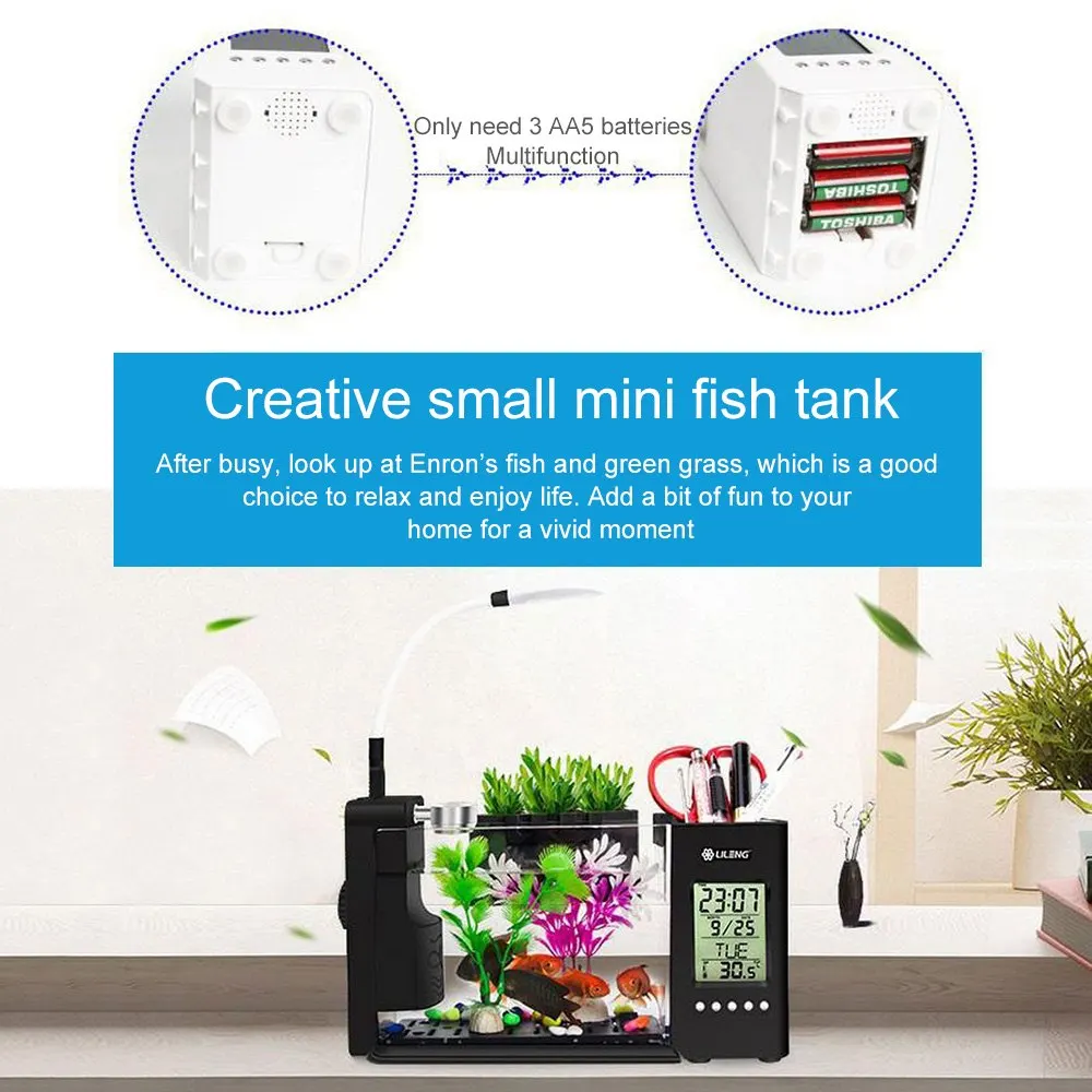 Мини-пластиковый аквариум для аквариумов светодиодный USB Betta аквариумные рыбки с держателем для ручки ЖК-дисплей экран и часы