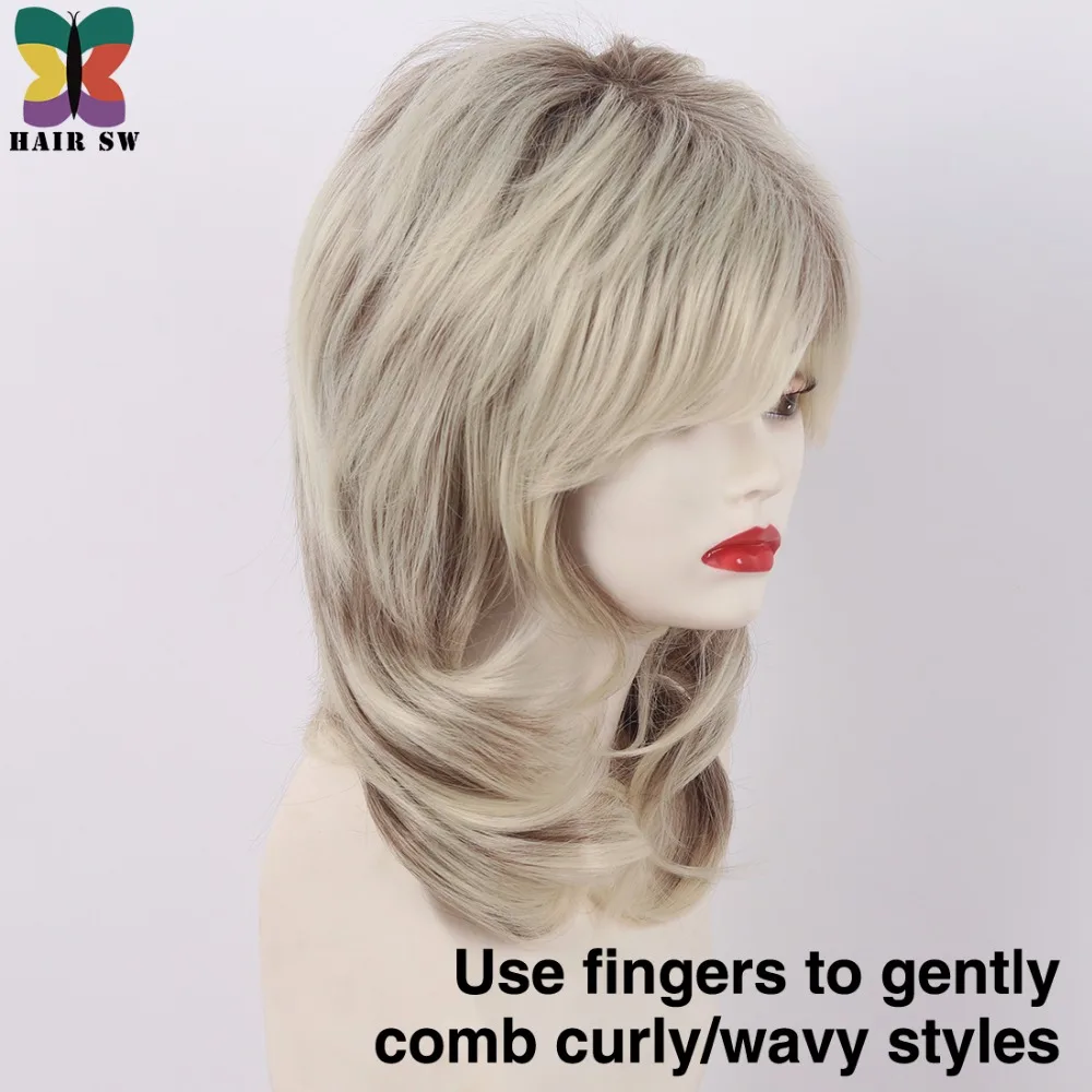 Женский парик со светлыми темными корнями средней длины с каскадными слоями|medium