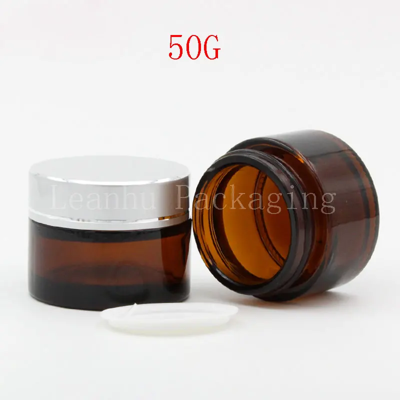 50G Brown Glass Cream Jar With Silver Screw Cap, 50CC Mask/Cream Packaging Bottle, Empty Cosmetic Container (15 PC/Lot)