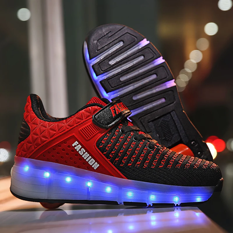 Red Pink Blue USB Charging Fashion Girls Boys LED Light Roller Skate Shoes For Children Kids Sneakers With Wheels One wheels | Детская
