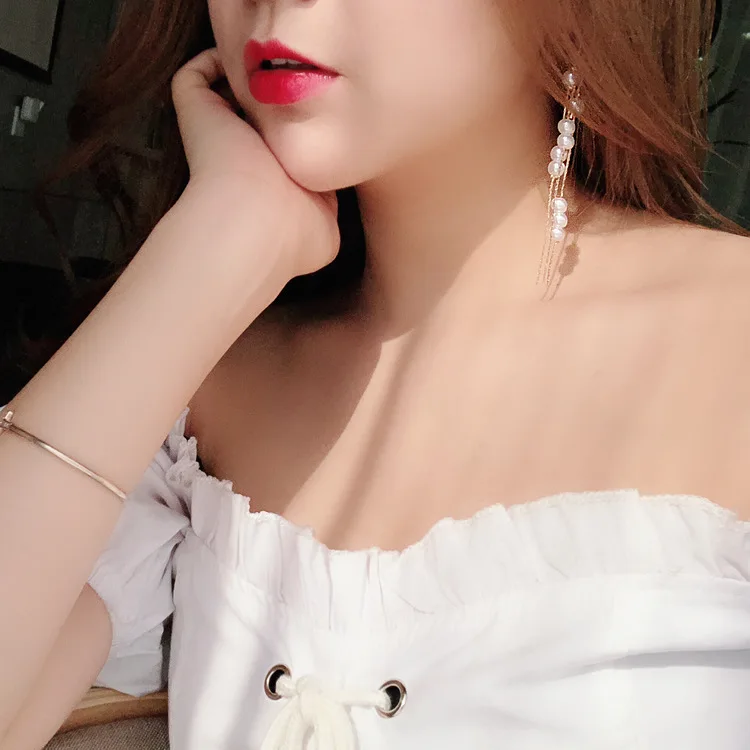 MENGJIQIAO новые элегантные длинные висячие серьги с искусственным жемчугом и кисточками для женщин модные ювелирные изделия для ушей цепочка свисающие серьги
