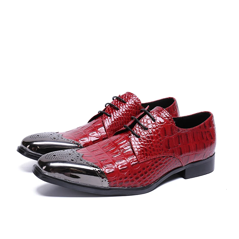 

Italian Leather Derby Shoes Men Dress Shoes Genuine Leather Crocodile Print Red Lace Up Men Wedding Shoes Brogue Shoes Male