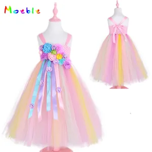 Платье-пачка для девочек, с радужным единорогом и цветами