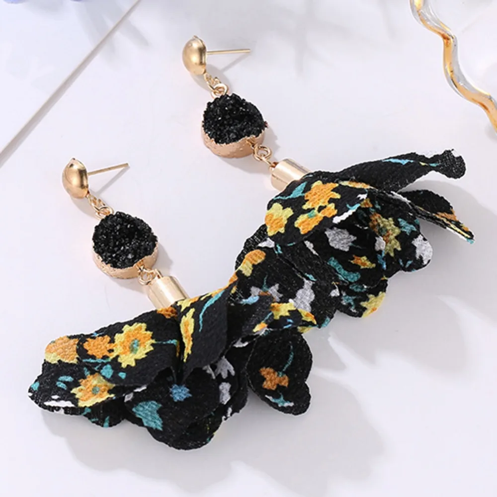 Новый 2018 многослойная ткань шифон цветочные лепестки падение серьги длинные