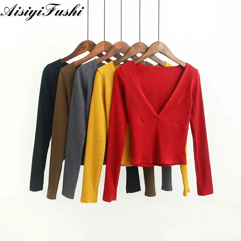 Thin V Neck Sweater Women Low Collar Sexy Knit Shirt Pullover Army Green Knitted Long Sleeve Spring Autumn | Женская одежда