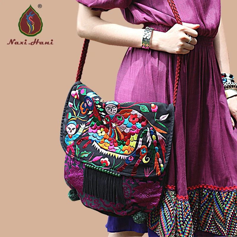 

Online HOT Ethnic embroidery canvas Saddle bags Exotic handmade tassel Cover Women messenger bags Vintage Travel bags