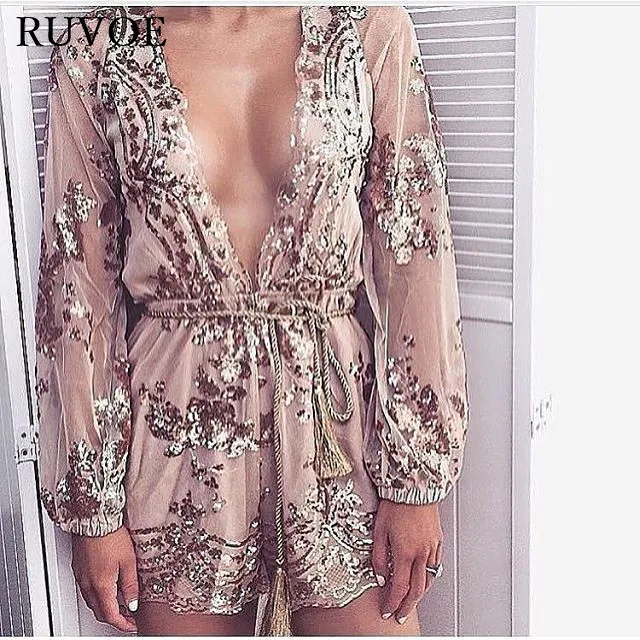 Осенний элегантный комбинезон с вышивкой золотыми блестками прозрачный