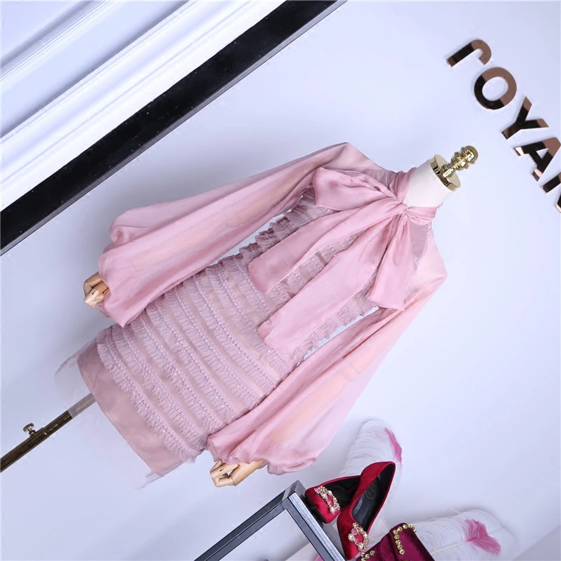 2019 Роскошные Стиль демисезонный для женщин фонари рукава Лук дизайн лоскутное