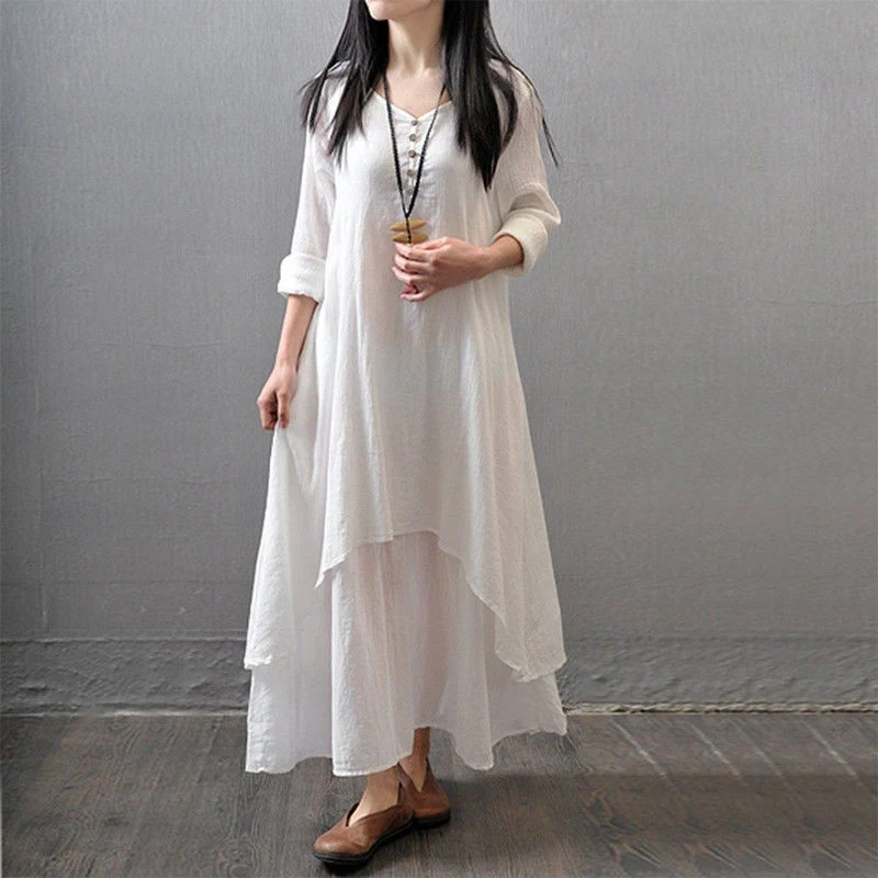 Женское платье в стиле бохо длинное из хлопка и льна с длинным рукавом | Женская