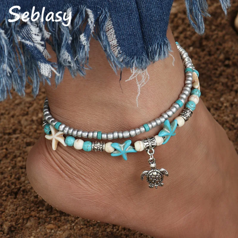 

Seblasy Bohemian Multiple Layers Starfish Turtle Beads Anklets For Women Vintage Boho Shell Chain Anklet Bracelet Beach Jewelry