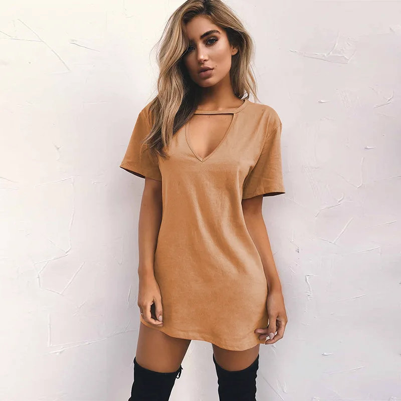 Женское платье с v образным вырезом однотонное повседневное мини свободного кроя