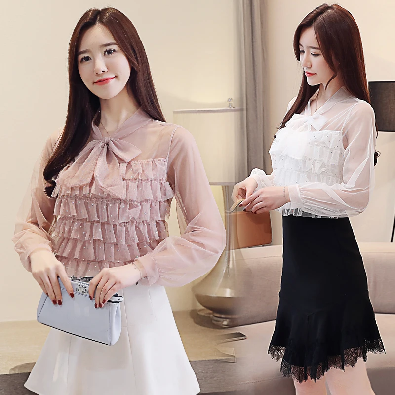 

blusas mujer de moda 2019 ladies tops korean clothes womens tops and blouses Bow Stand Puff Sleeve Solid white shirt 2625 50